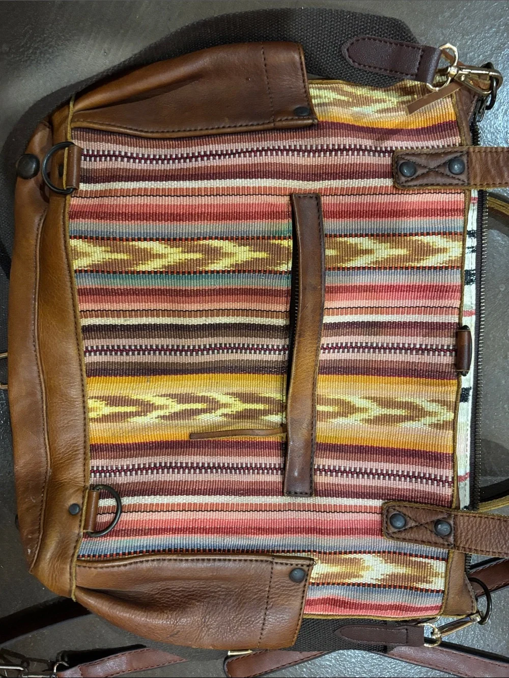 Nena & Co. Multicolor Striped Canvas and Brown Leather Shoulder Bag